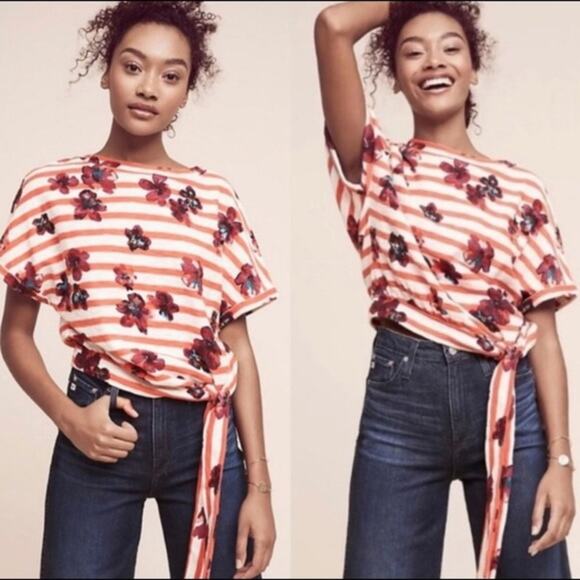 Anthropologie Women's Postmark Striped Floral Red Side Tie Top‎ Size Small - Picture 1 of 5